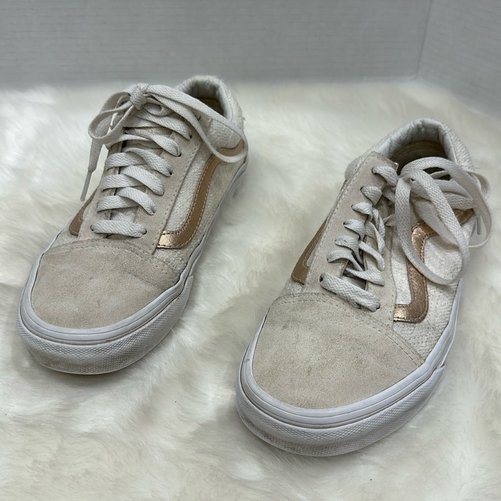 Vans, off-white/cream/rose gold, lace, US women size 7 US men 5.5